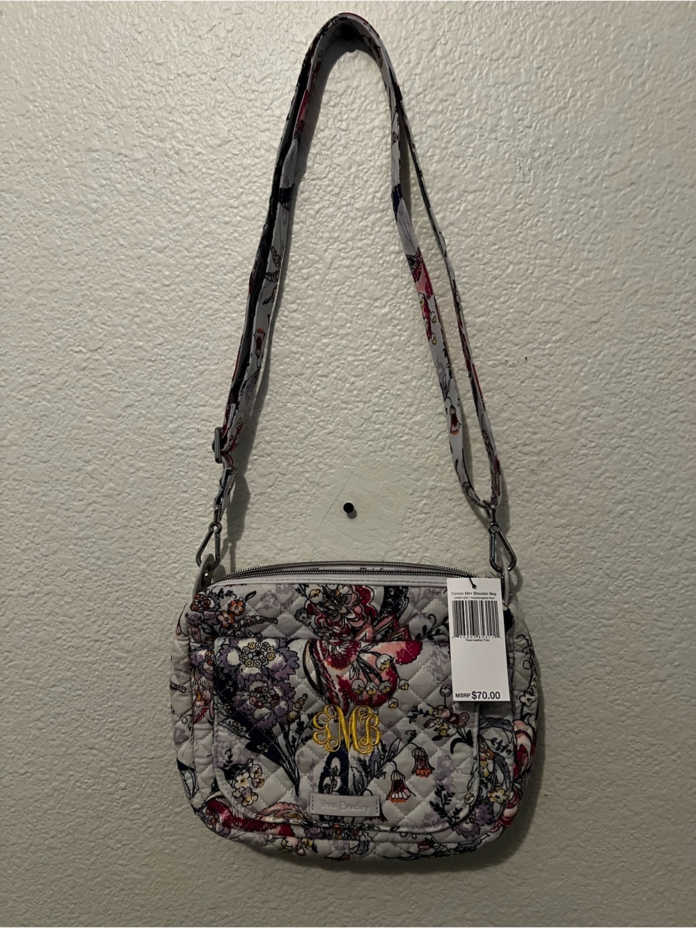 Vera Bradley Quilted Floral Crossbody in Gray with Pink & Purple Accents